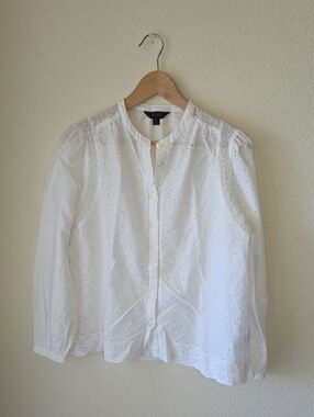 J. Crew White Eyelet Lace Trim Button Front Blouse 100% Cotton Sz 12